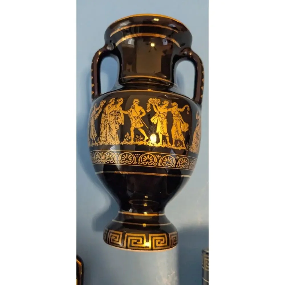 Vintage Handmade Greek Pottery Set 24K Gold Black Glaze 2 Mugs 2 Vases Sicily